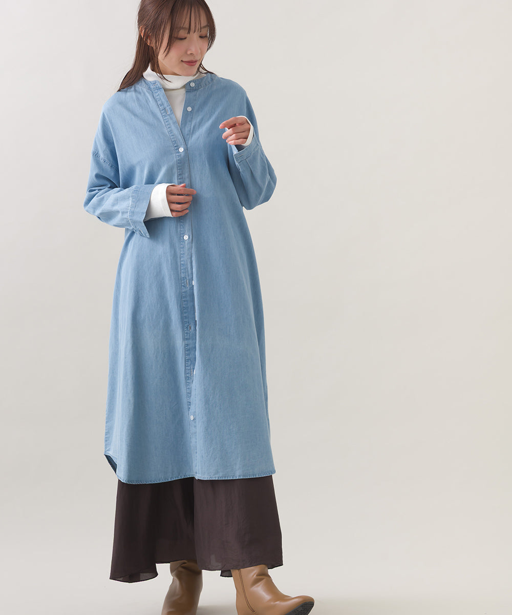 【OMNES】シャンブレーバンドカラー裾ラウンドロングシャツワンピース【253W427OMN035】