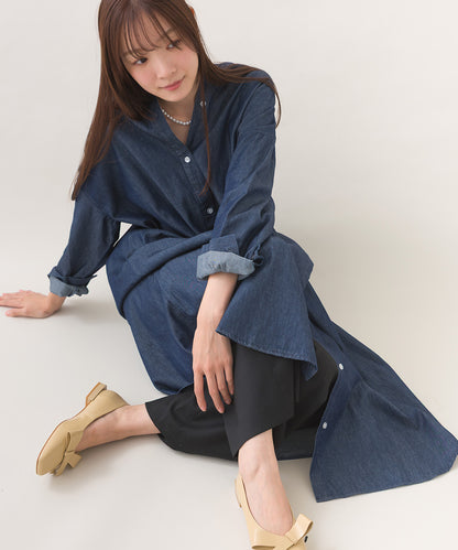 【OMNES】シャンブレーバンドカラー裾ラウンドロングシャツワンピース【253W427OMN035】