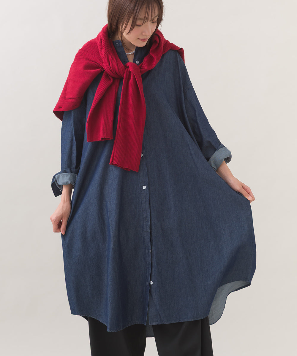 【OMNES】シャンブレーバンドカラー裾ラウンドロングシャツワンピース【253W427OMN035】