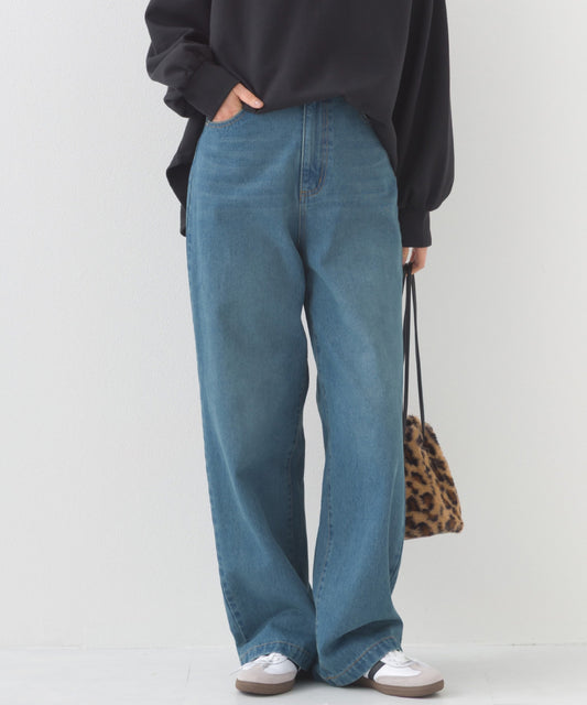 【OMNES】12oz ウォッシュ加工ハイウエストルーズワイドデニムパンツ【253W427OMN037】