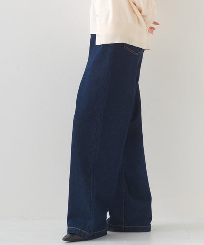 【OMNES】12oz ウォッシュ加工ハイウエストルーズワイドデニムパンツ【253W427OMN037】
