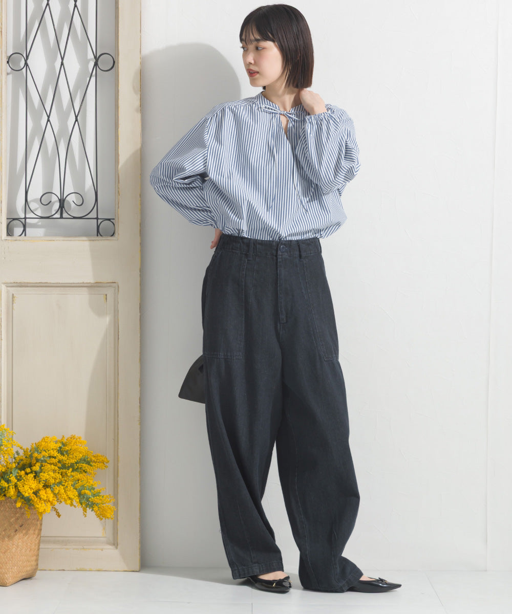 【OMNES】テックコットンスキッパーデザイン9分袖フリルシャツブラウス【253W427OMN072】