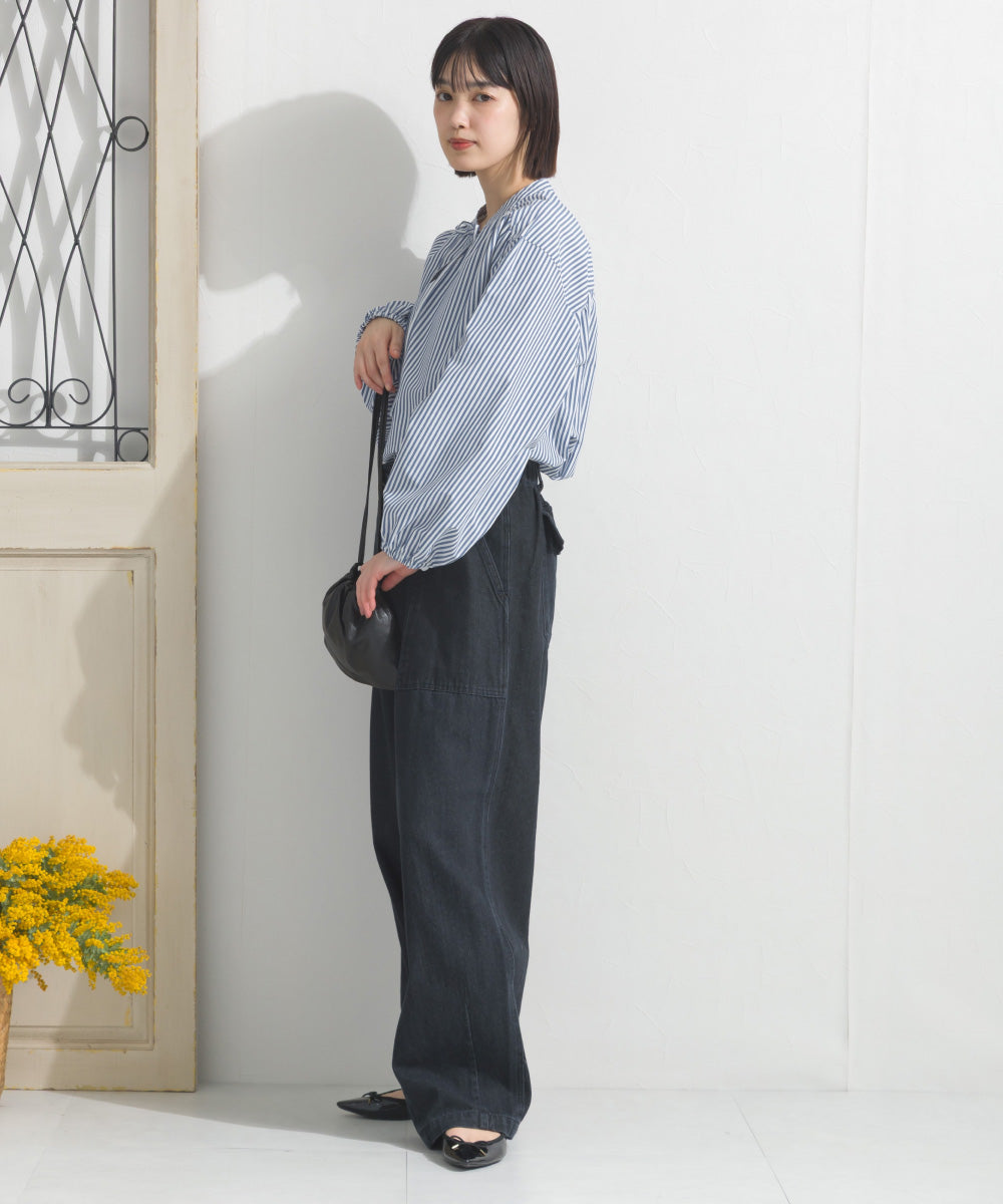 【OMNES】テックコットンスキッパーデザイン9分袖フリルシャツブラウス【253W427OMN072】