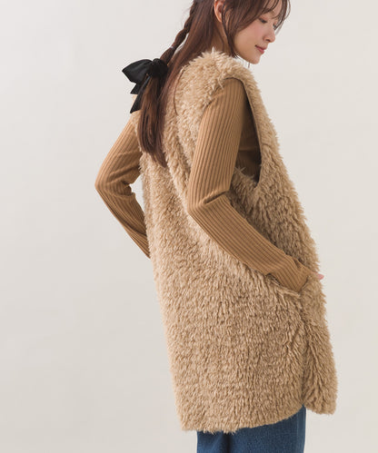 【OMNES】ノーカラープードルファーロングジレベスト【253W436OMN091】