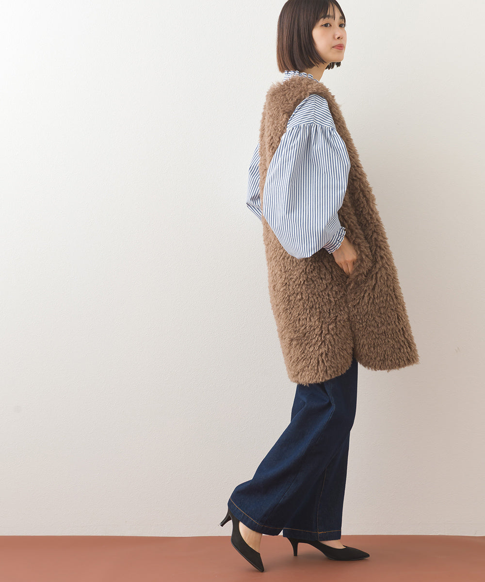 【OMNES】ノーカラープードルファーロングジレベスト【253W436OMN091】