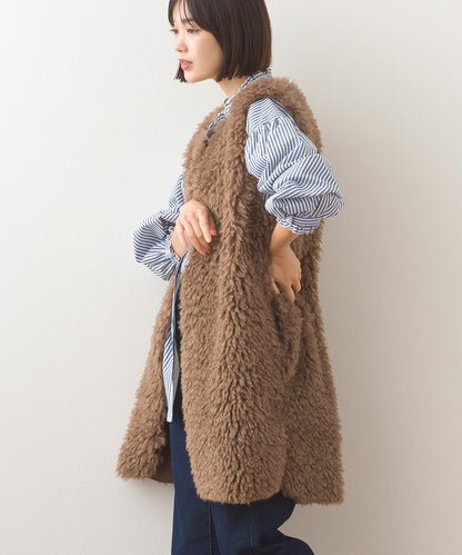 【OMNES】ノーカラープードルファーロングジレベスト【253W436OMN091】