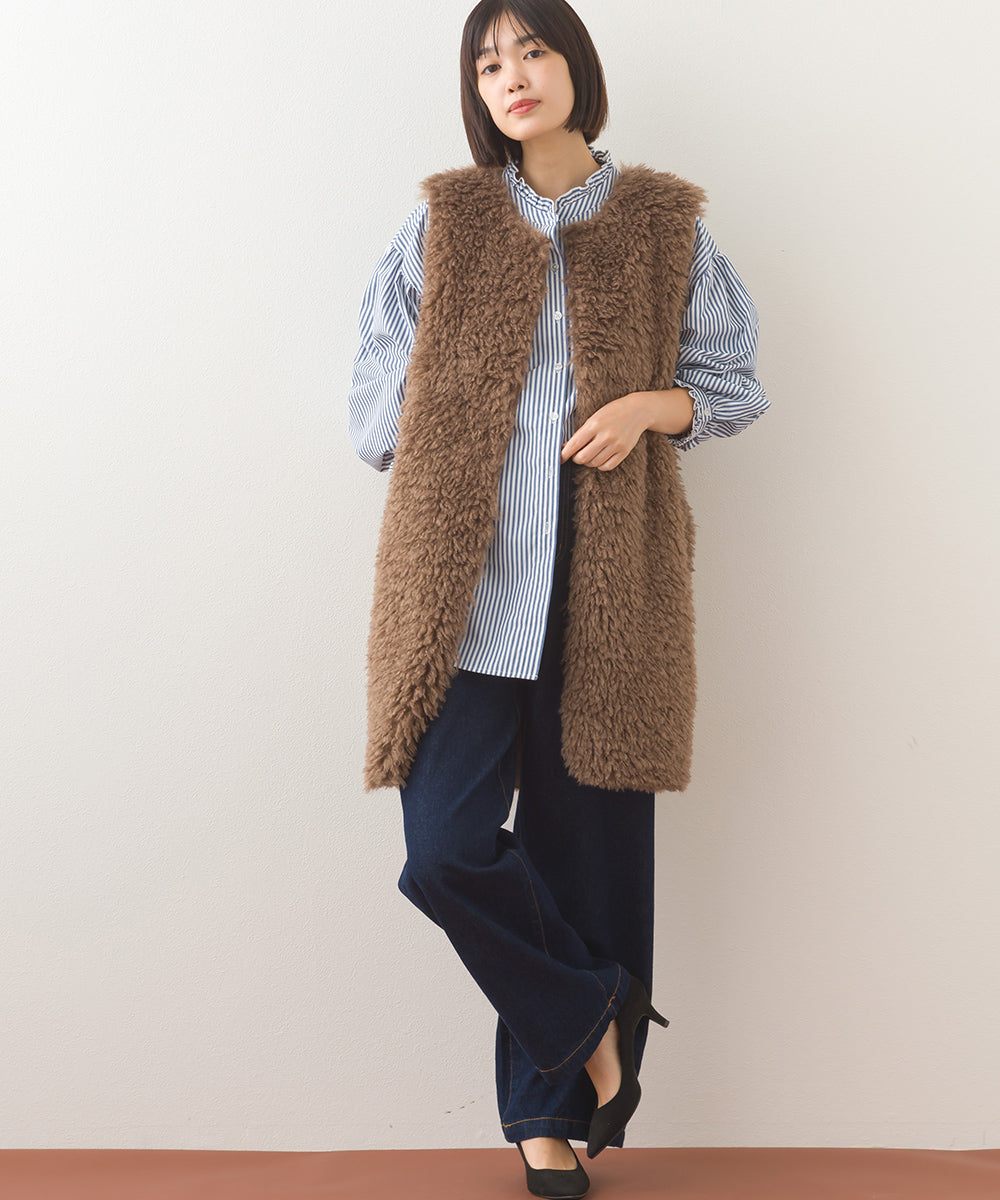 【OMNES】ノーカラープードルファーロングジレベスト【253W436OMN091】