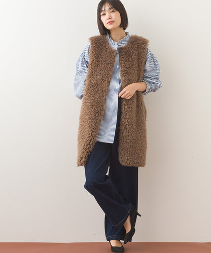 【OMNES】ノーカラープードルファーロングジレベスト【253W436OMN091】