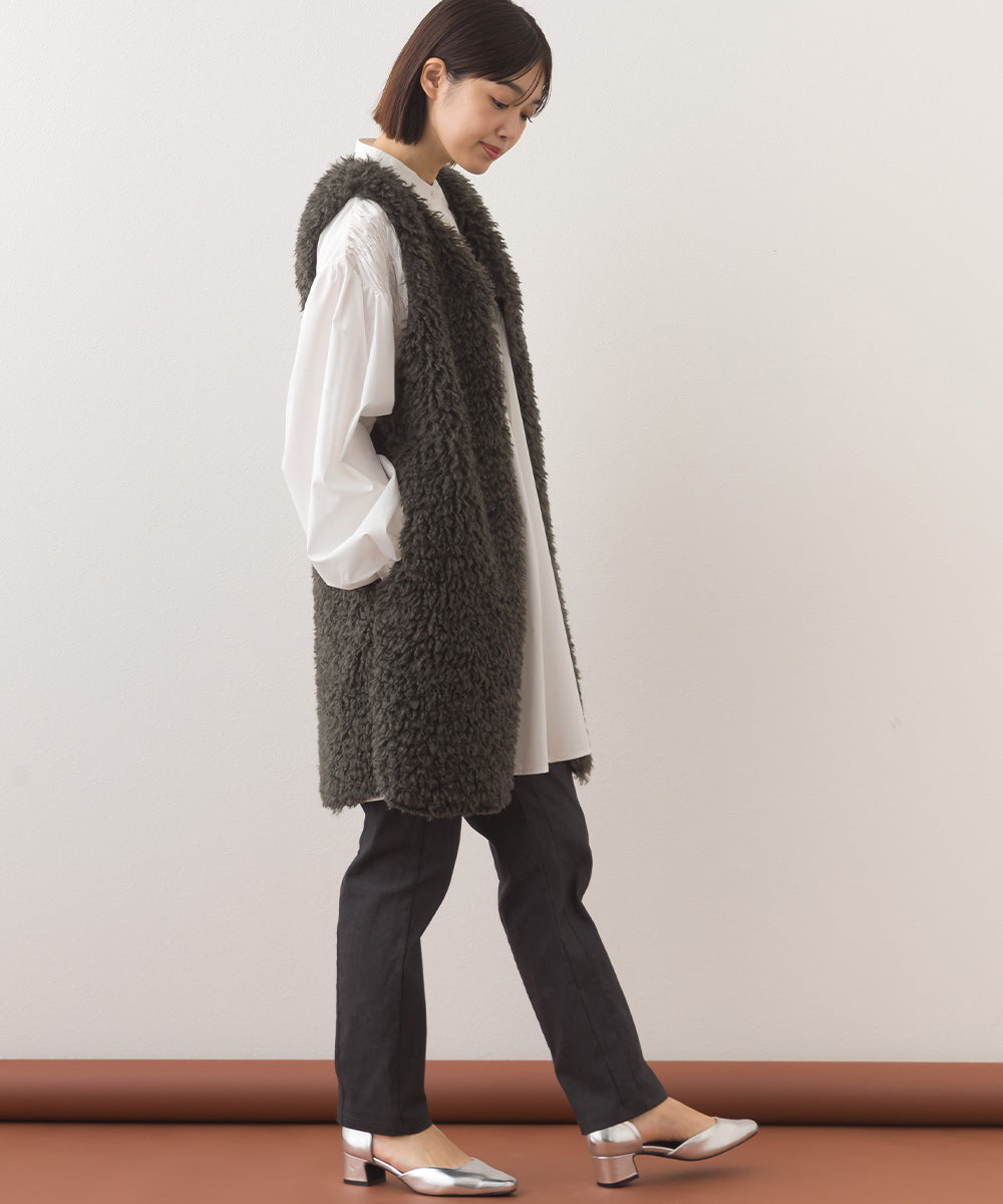 【OMNES】ノーカラープードルファーロングジレベスト【253W436OMN091】