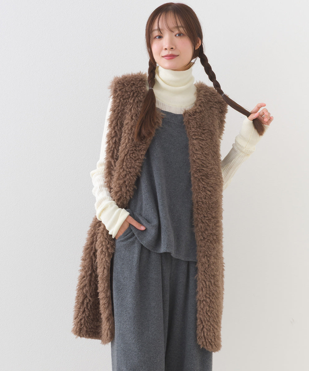 【OMNES】ノーカラープードルファーロングジレベスト【253W436OMN091】