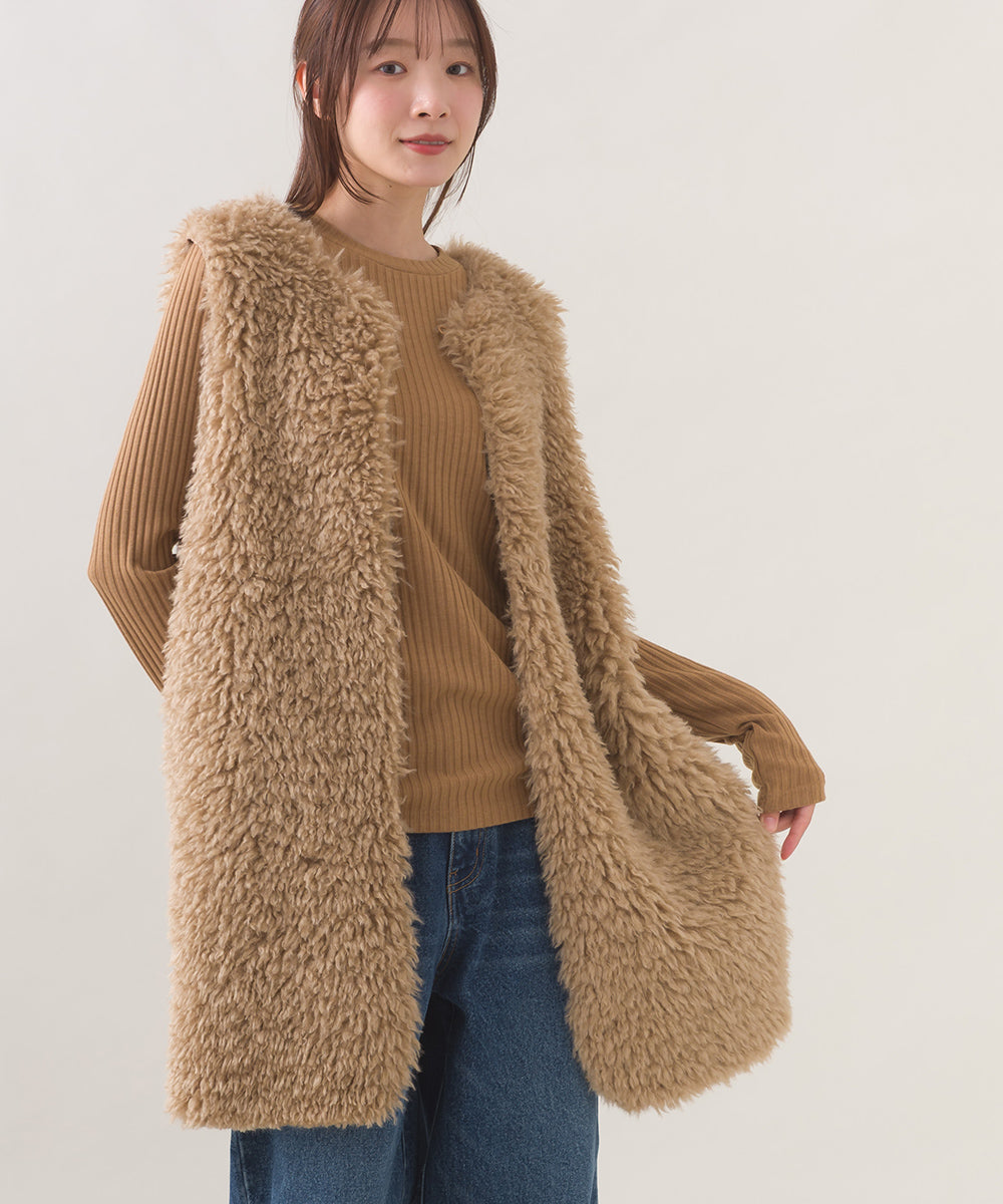 【OMNES】ノーカラープードルファーロングジレベスト【253W436OMN091】