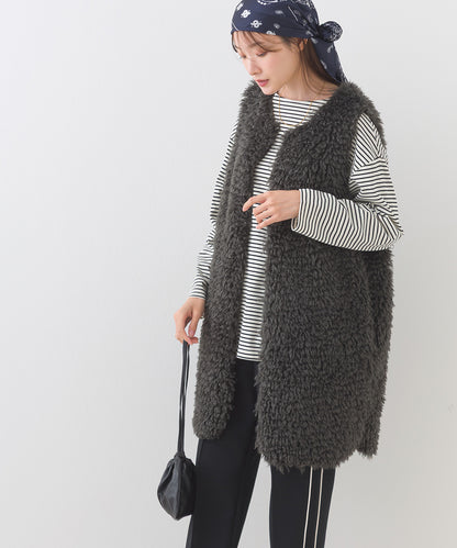 【OMNES】ノーカラープードルファーロングジレベスト【253W436OMN091】