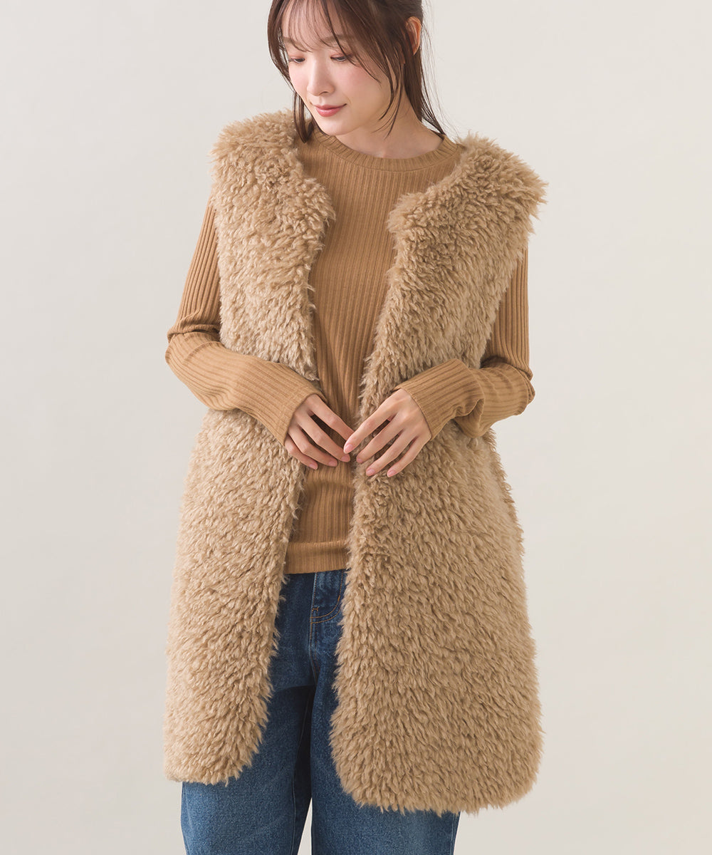 【OMNES】ノーカラープードルファーロングジレベスト【253W436OMN091】