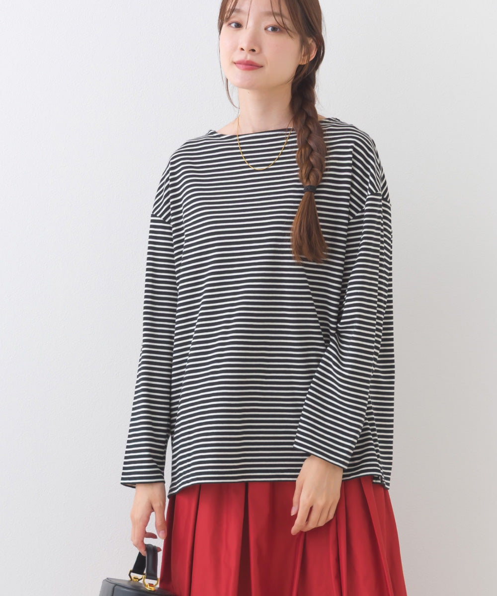 【OMNES】サイドスリットプルオーバー ボーダーロングスリーブTシャツ【253W430OMN100】