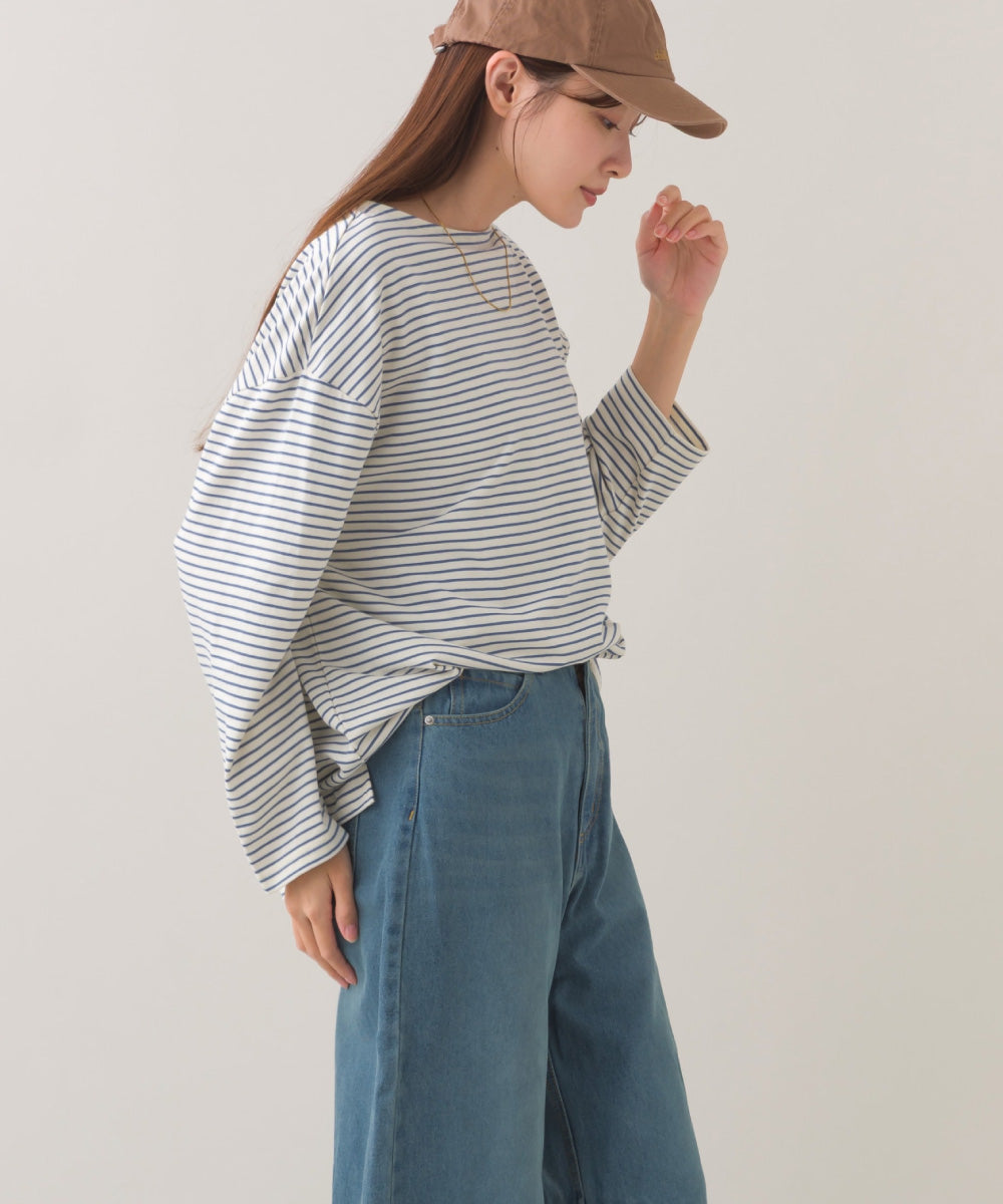 【OMNES】サイドスリットプルオーバー ボーダーロングスリーブTシャツ【253W430OMN100】