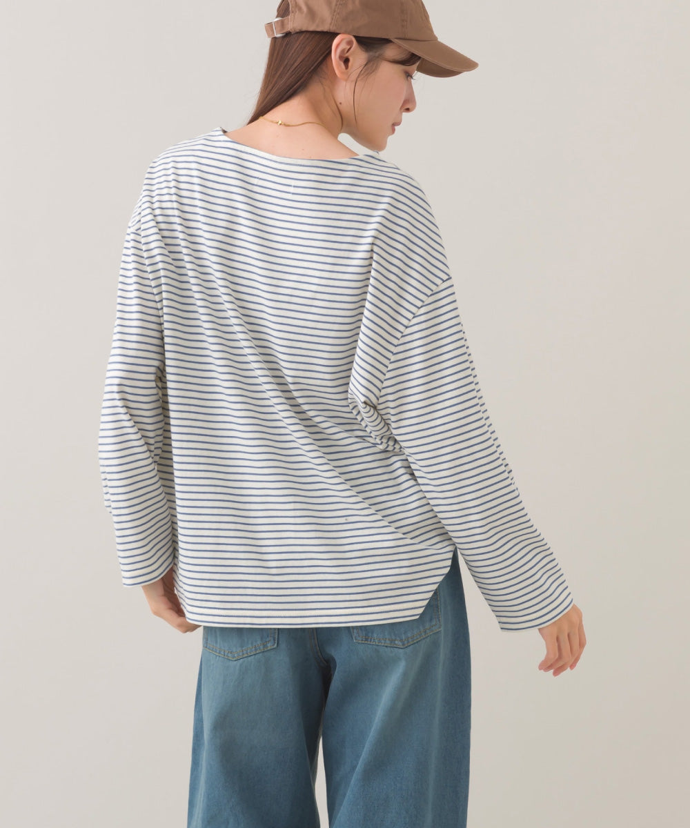 【OMNES】サイドスリットプルオーバー ボーダーロングスリーブTシャツ【253W430OMN100】
