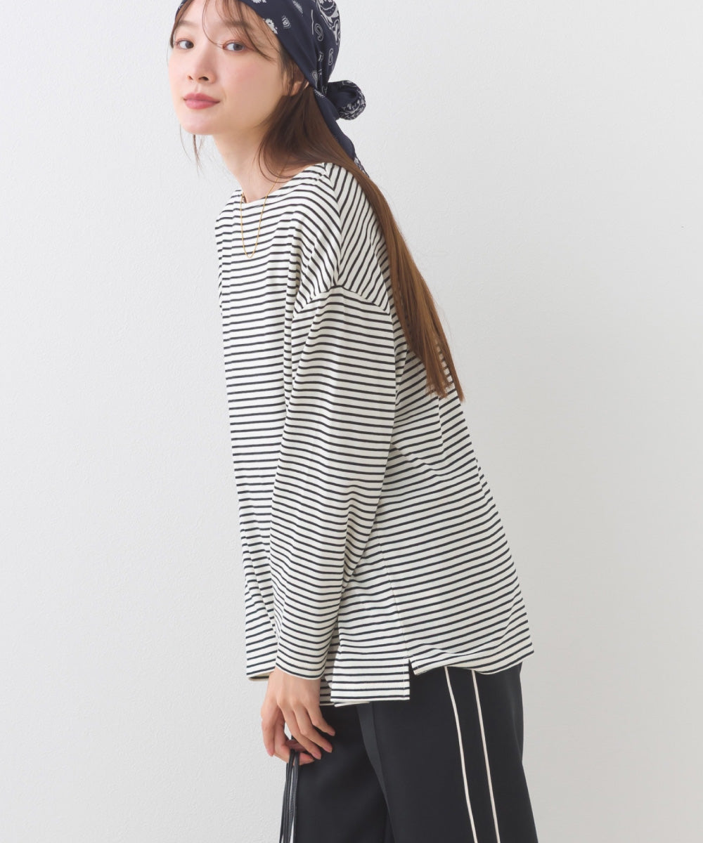 【OMNES】サイドスリットプルオーバー ボーダーロングスリーブTシャツ【253W430OMN100】