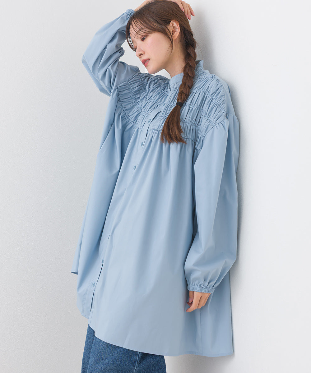 【OMNES】ポプリンフロントシャーリング プルオーバー チュニック 長袖シャツブラウス【253W435OMN104】