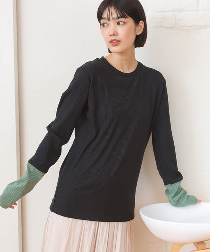 【OMNES】テレコリブ袖バイカラー長袖トップス【254W431OMN124】