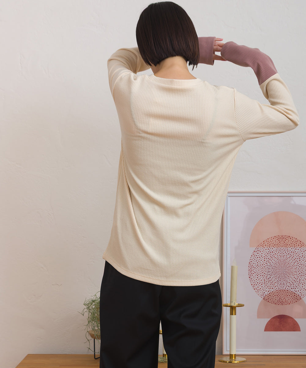 【OMNES】テレコリブ袖バイカラー長袖トップス【254W431OMN124】