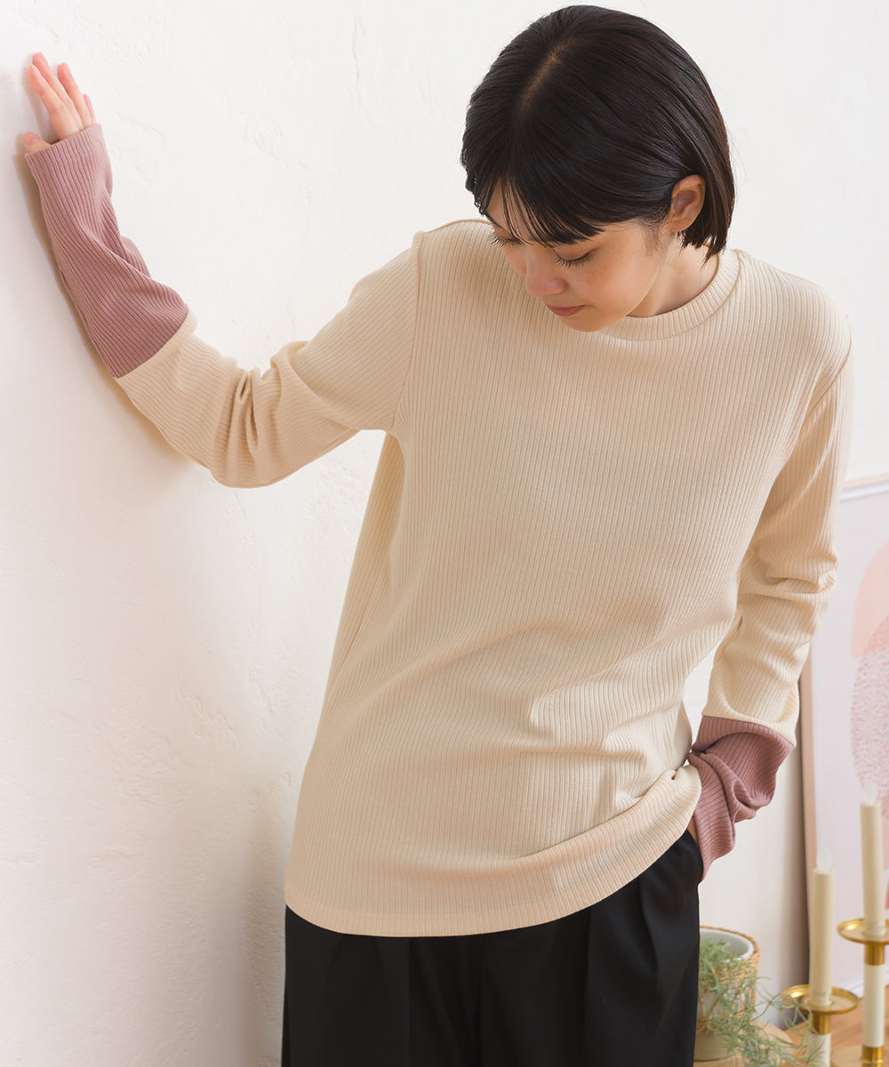 【OMNES】テレコリブ袖バイカラー長袖トップス【254W431OMN124】