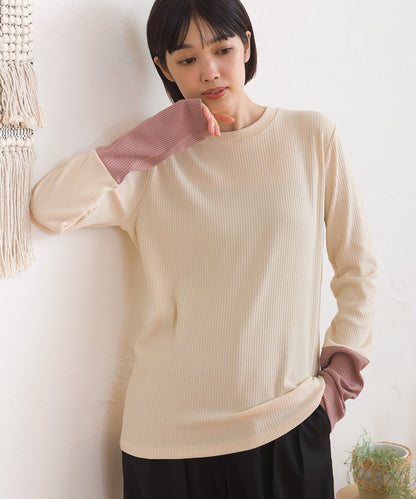 【OMNES】テレコリブ袖バイカラー長袖トップス【254W431OMN124】