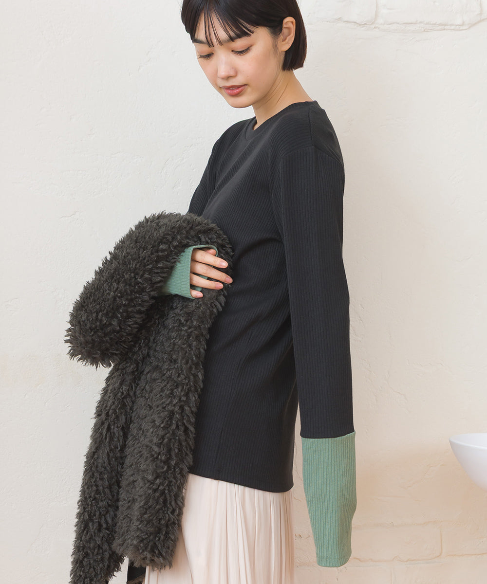 【OMNES】テレコリブ袖バイカラー長袖トップス【254W431OMN124】