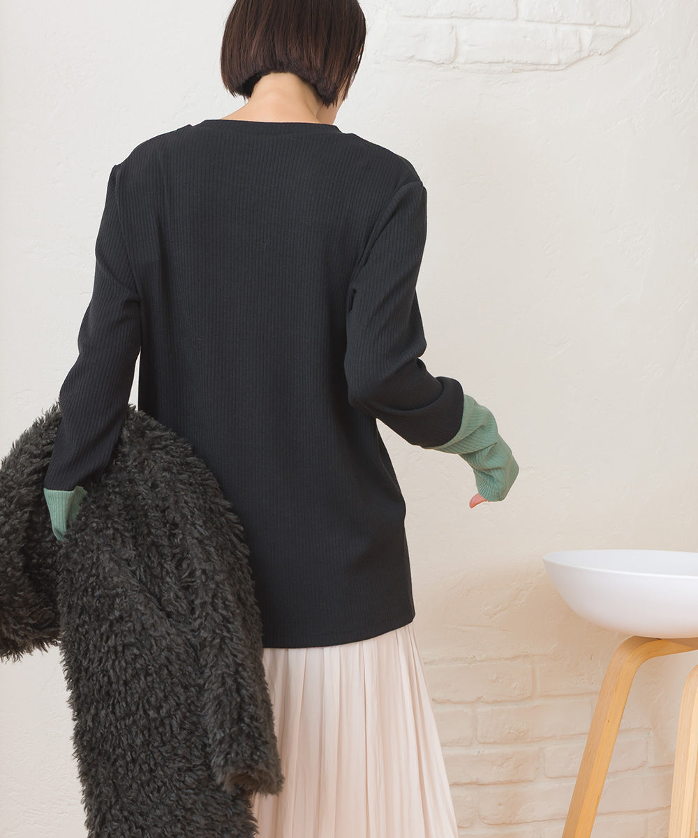 【OMNES】テレコリブ袖バイカラー長袖トップス【254W431OMN124】