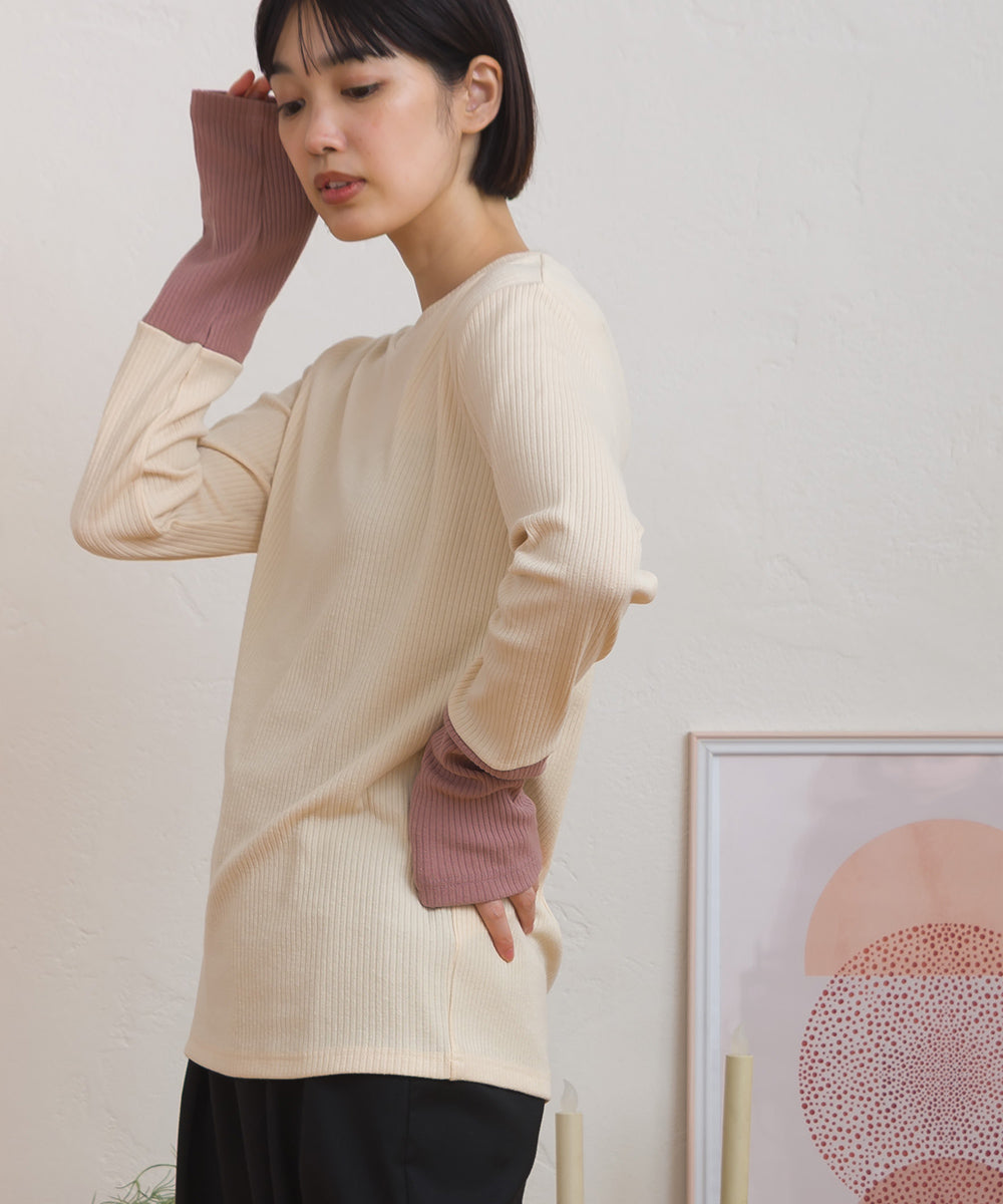 【OMNES】テレコリブ袖バイカラー長袖トップス【254W431OMN124】