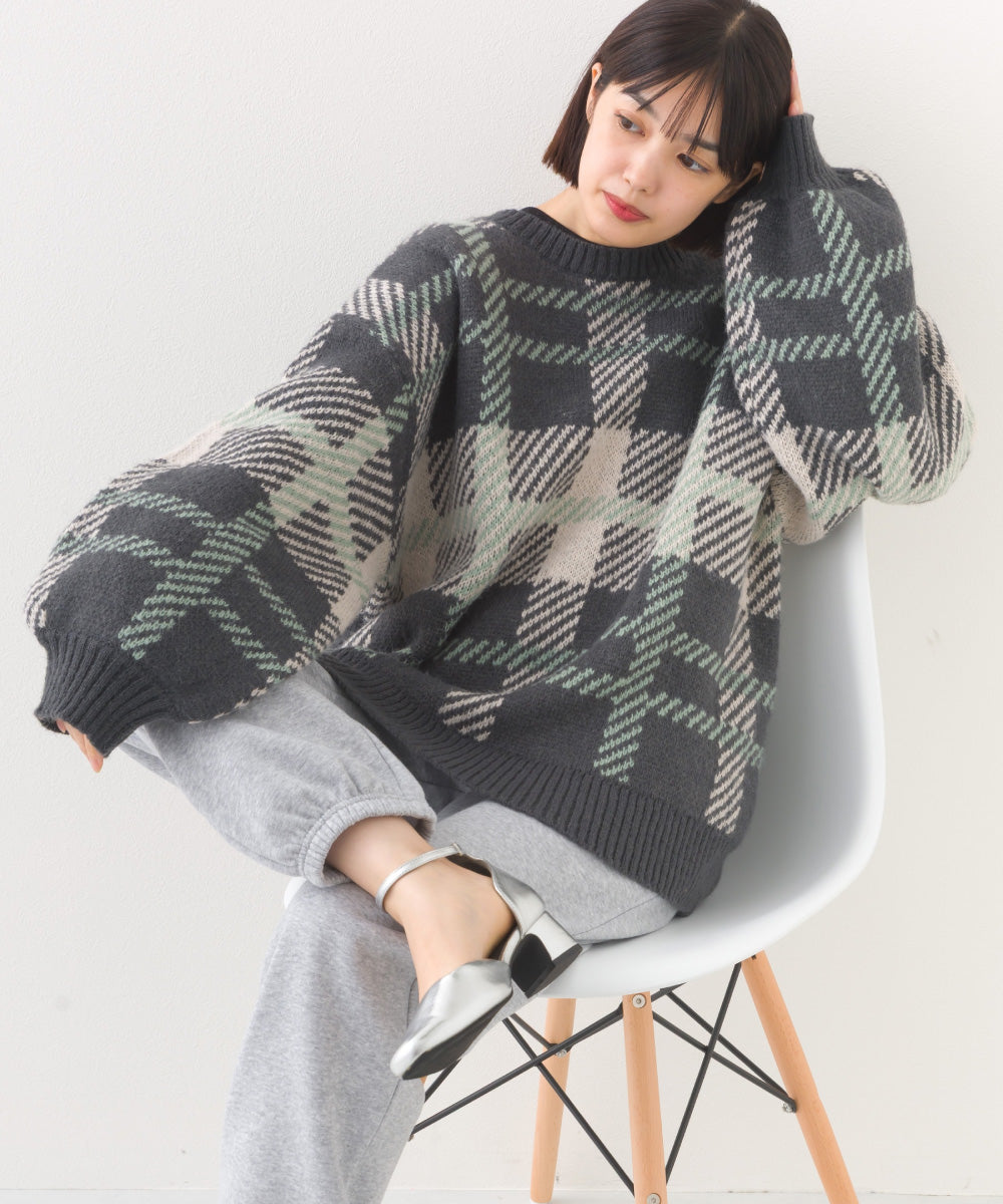 【OMNES】チェック柄シャギー オーバーサイズボリューム袖ニット【254W431OMN126】