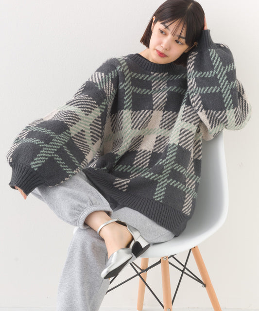 【OMNES】チェック柄シャギー オーバーサイズボリューム袖ニット【254W431OMN126】