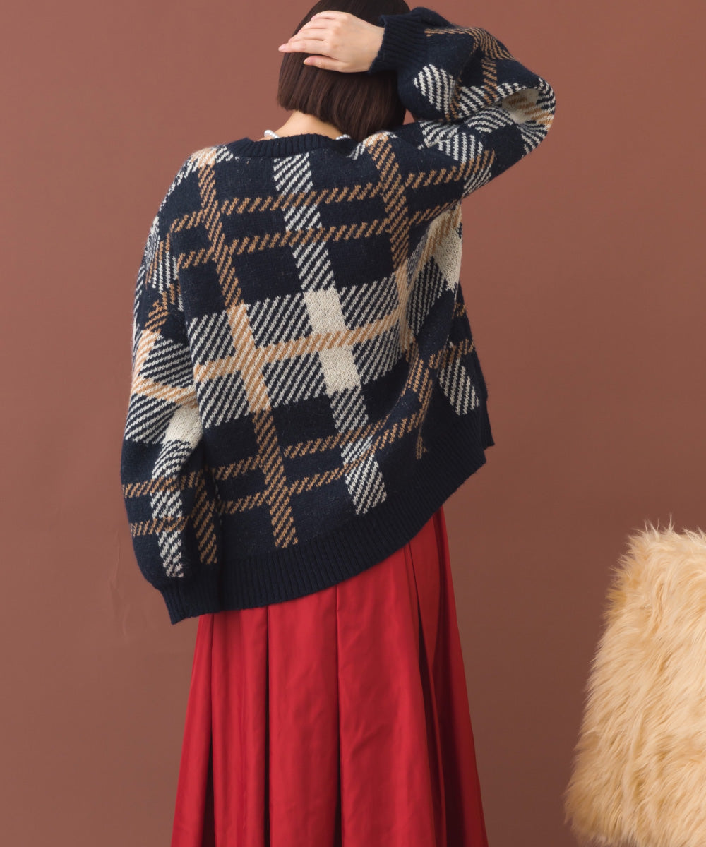 【OMNES】チェック柄シャギー オーバーサイズボリューム袖ニット【254W431OMN126】