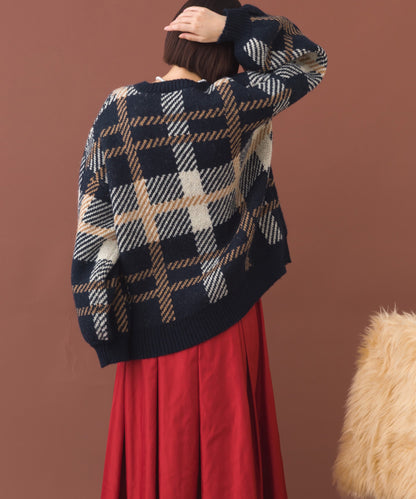 【OMNES】チェック柄シャギー オーバーサイズボリューム袖ニット【254W431OMN126】