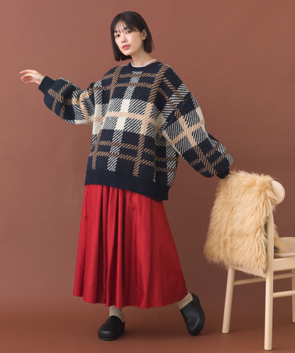 【OMNES】チェック柄シャギー オーバーサイズボリューム袖ニット【254W431OMN126】