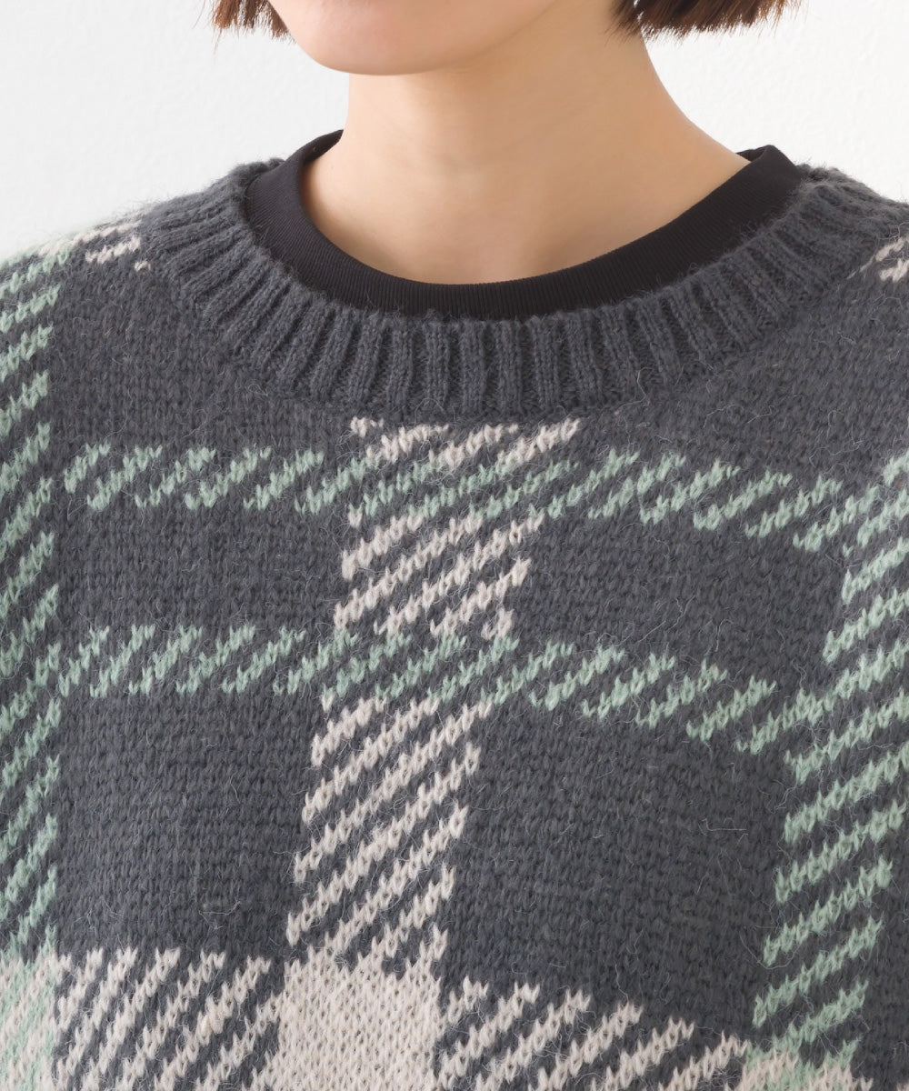 【OMNES】チェック柄シャギー オーバーサイズボリューム袖ニット【254W431OMN126】
