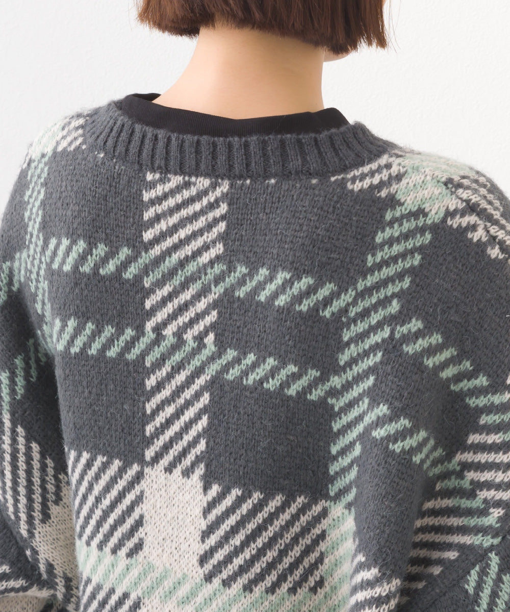 【OMNES】チェック柄シャギー オーバーサイズボリューム袖ニット【254W431OMN126】