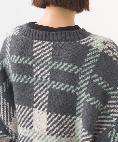 【OMNES】チェック柄シャギー オーバーサイズボリューム袖ニット【254W431OMN126】