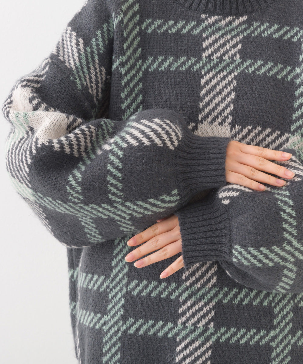 【OMNES】チェック柄シャギー オーバーサイズボリューム袖ニット【254W431OMN126】