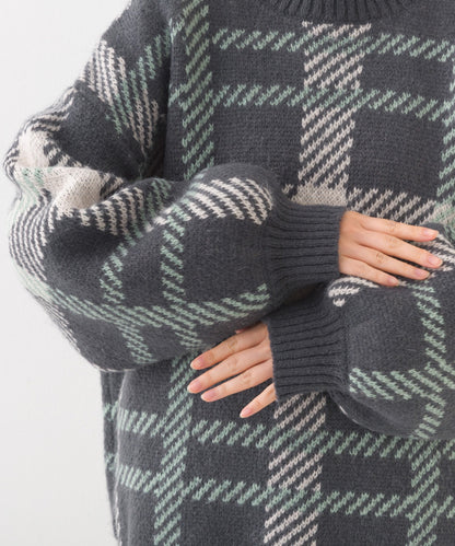 【OMNES】チェック柄シャギー オーバーサイズボリューム袖ニット【254W431OMN126】