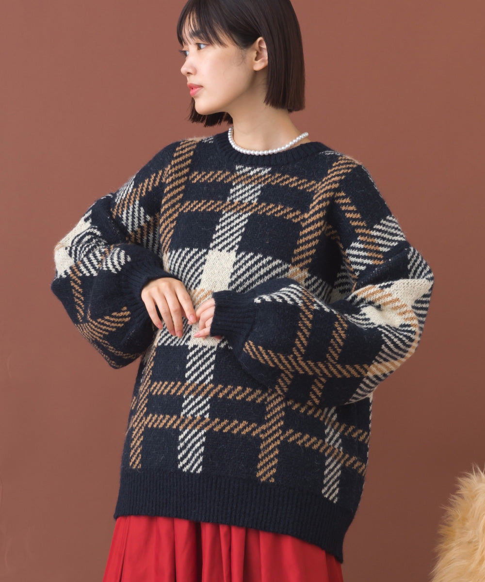 【OMNES】チェック柄シャギー オーバーサイズボリューム袖ニット【254W431OMN126】