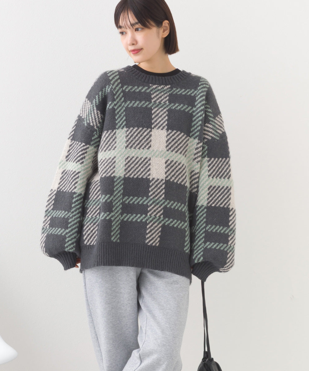 【OMNES】チェック柄シャギー オーバーサイズボリューム袖ニット【254W431OMN126】