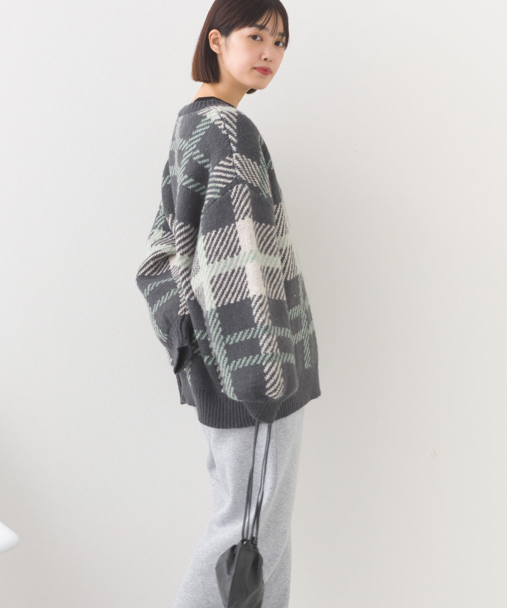 【OMNES】チェック柄シャギー オーバーサイズボリューム袖ニット【254W431OMN126】