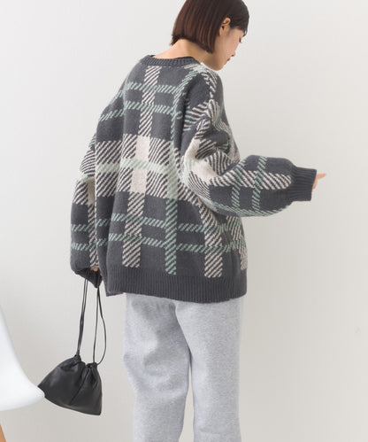 【OMNES】チェック柄シャギー オーバーサイズボリューム袖ニット【254W431OMN126】