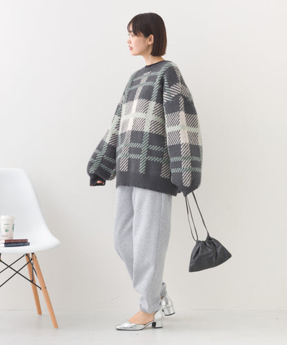 【OMNES】チェック柄シャギー オーバーサイズボリューム袖ニット【254W431OMN126】