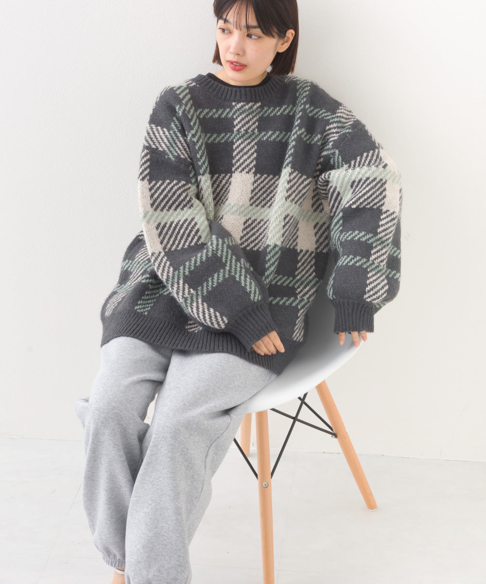 【OMNES】チェック柄シャギー オーバーサイズボリューム袖ニット【254W431OMN126】