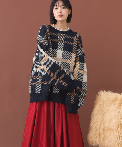 【OMNES】チェック柄シャギー オーバーサイズボリューム袖ニット【254W431OMN126】