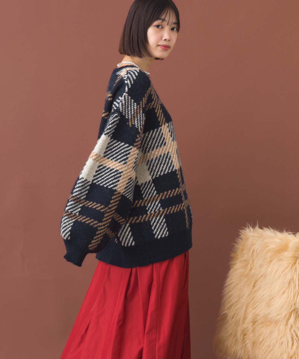 【OMNES】チェック柄シャギー オーバーサイズボリューム袖ニット【254W431OMN126】