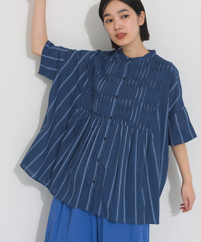 【OMNES】コットンボイルストライプタックギャザー半袖シャツ【261W435OMN006】