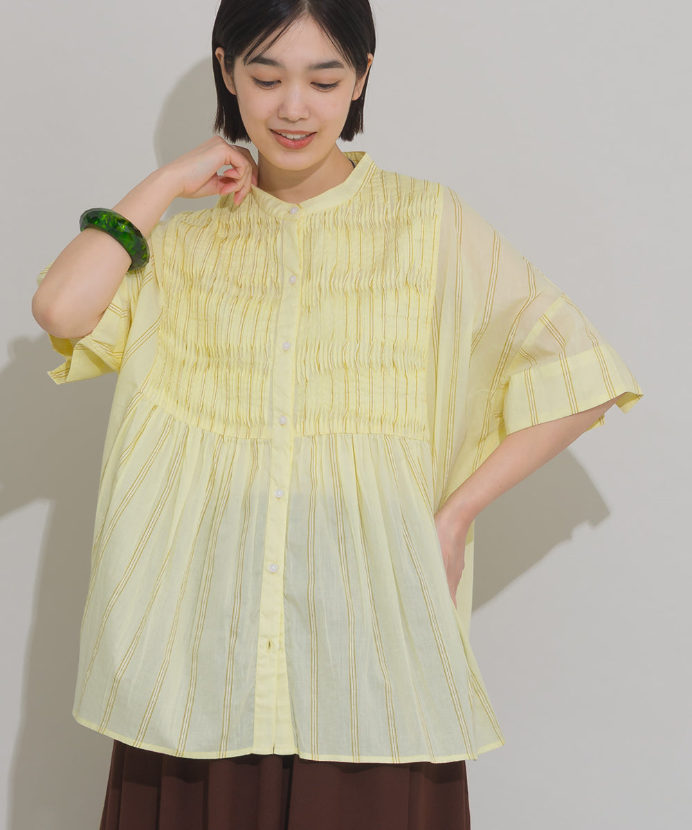 【OMNES】コットンボイルストライプタックギャザー半袖シャツ【261W435OMN006】