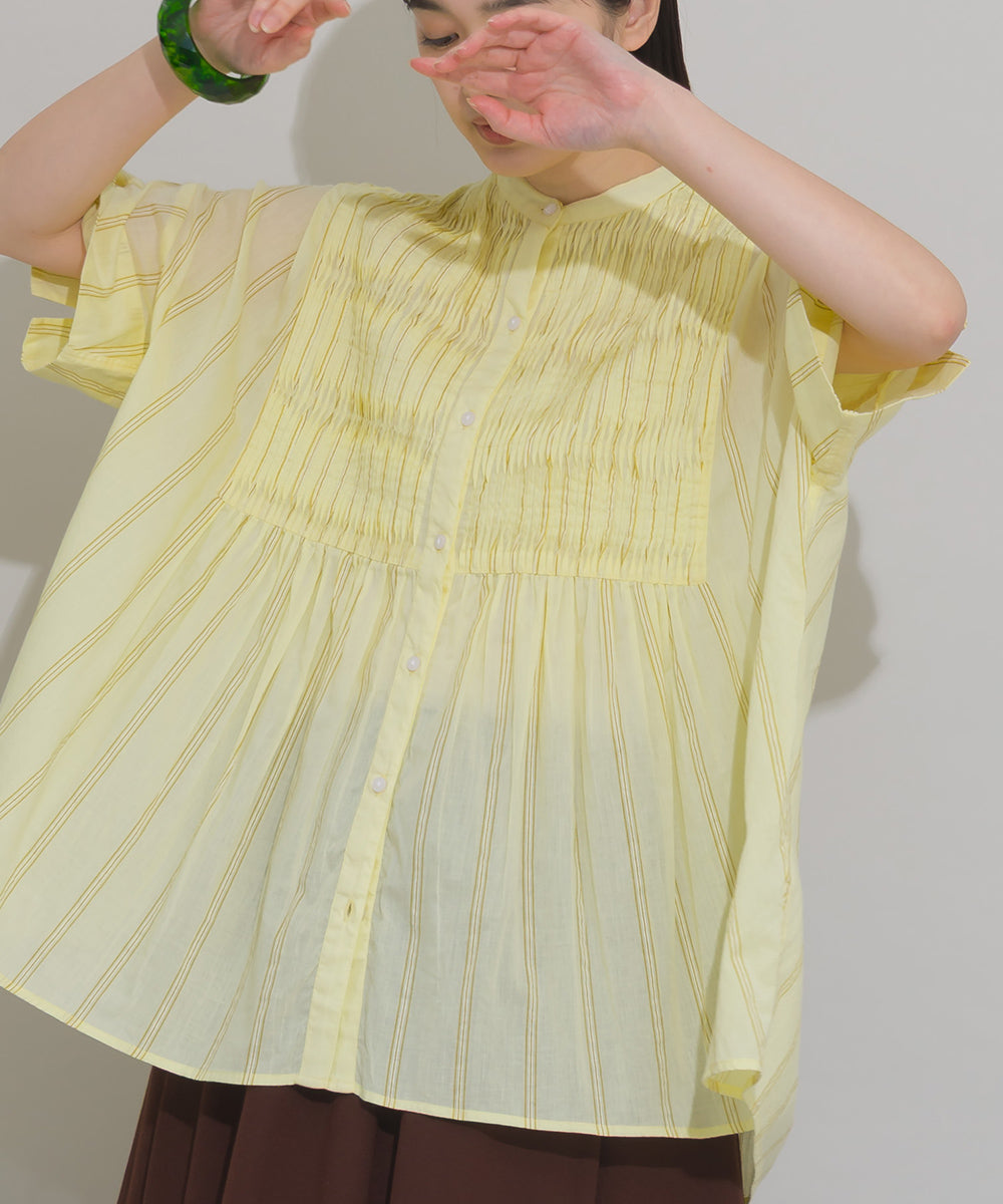 【OMNES】コットンボイルストライプタックギャザー半袖シャツ【261W435OMN006】